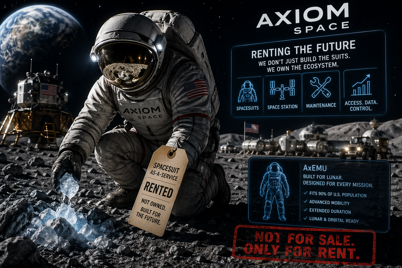 Editorial illustration of an Axiom Space lunar suit crouched on the Moon beside a sign reading spacesuit as a service