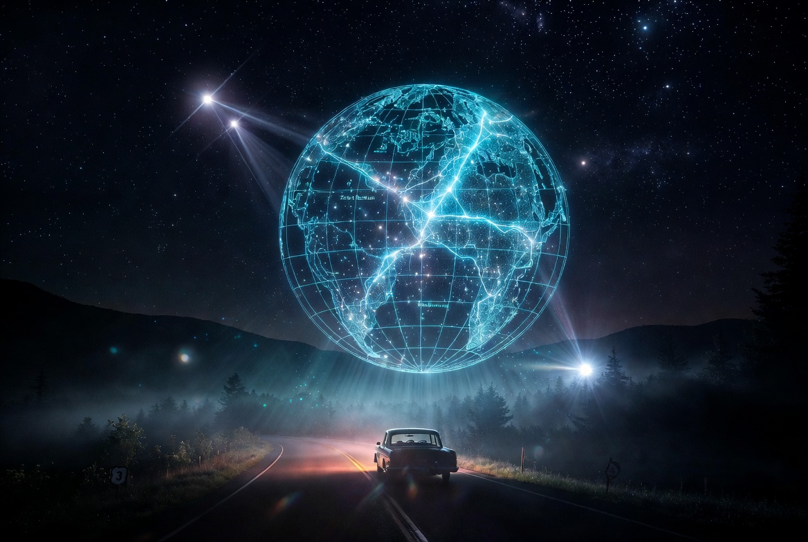 Editorial illustration of a glowing star map above a road at night with a car below