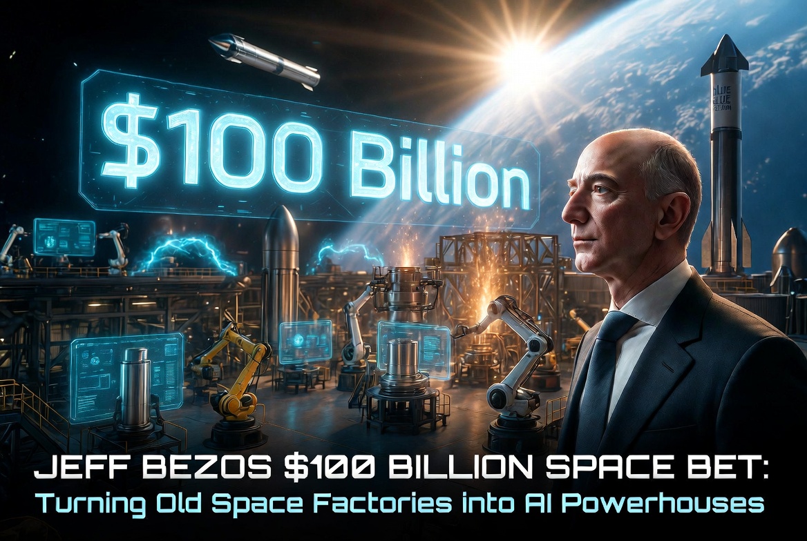 Editorial illustration of AI-driven aerospace factories building rockets and satellites