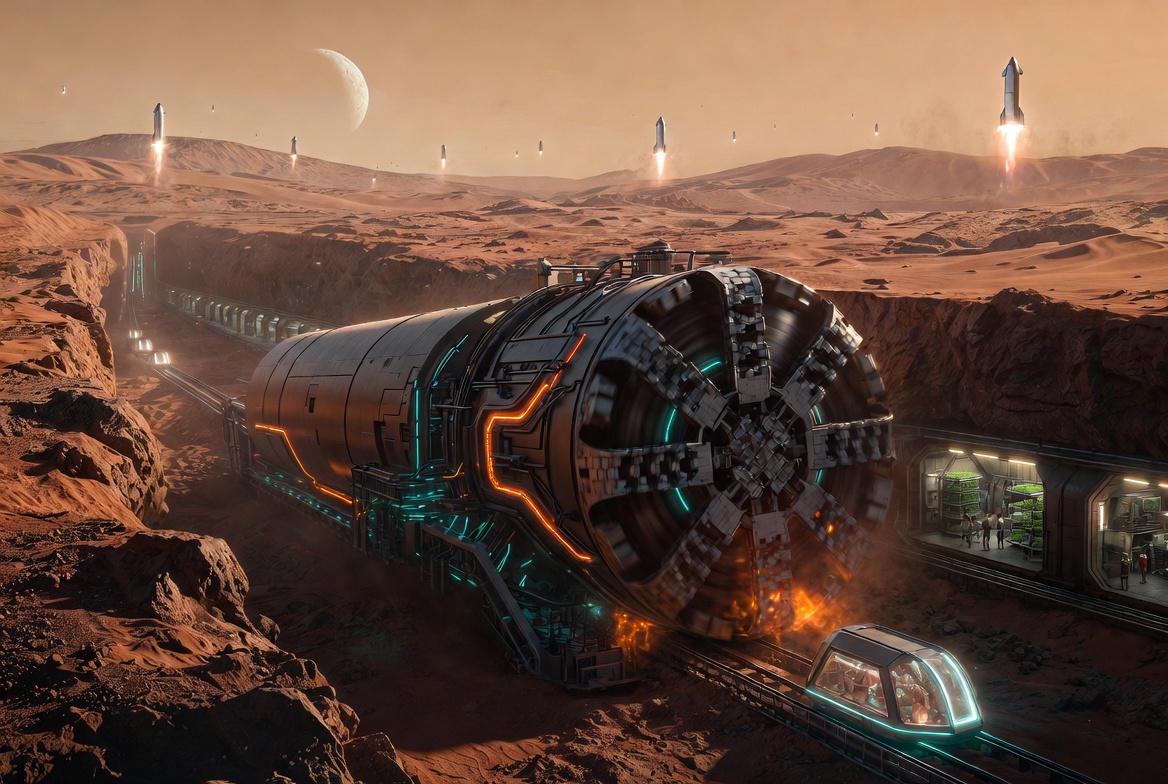 Illustration of a tunnel-based Mars settlement beneath the Martian surface