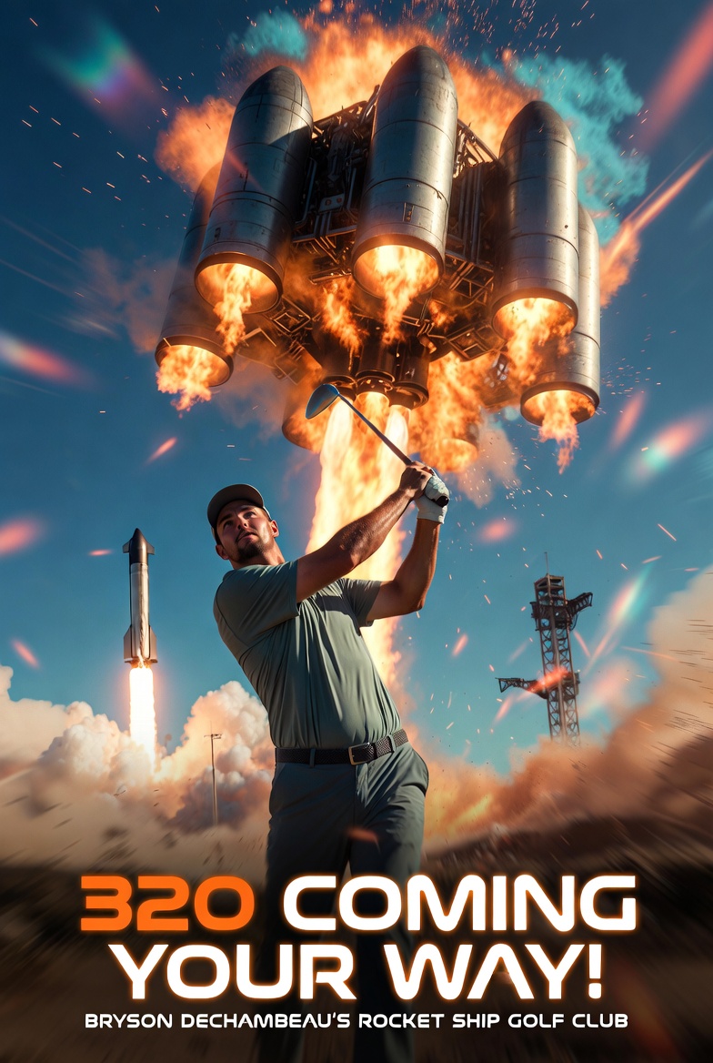 Editorial illustration of a futuristic golf club with rocket-inspired styling under a night launch sky