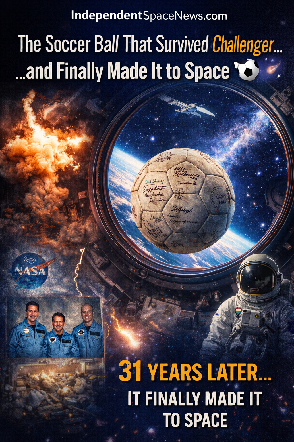 Editorial illustration of a signed soccer ball floating in orbit with the International Space Station in the background