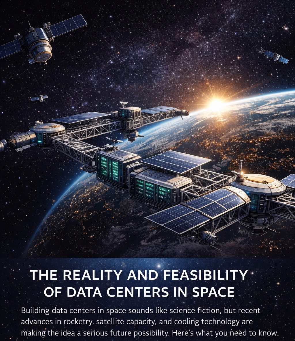 Concept illustration of an orbital data center with solar arrays above Earth at sunrise.
