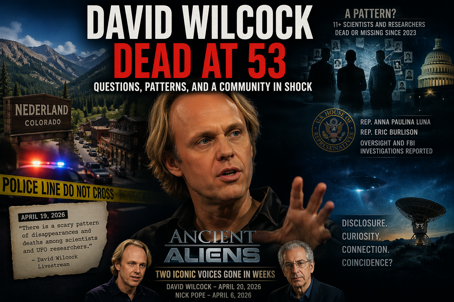 Editorial illustration of David Wilcock with a background of mystery boards, UAP themes, and public scrutiny