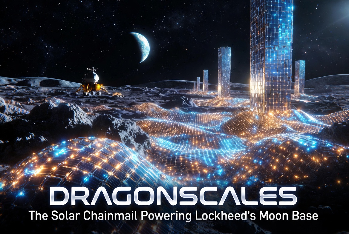 Editorial illustration of flexible solar arrays deployed on the Moon near the lunar south pole