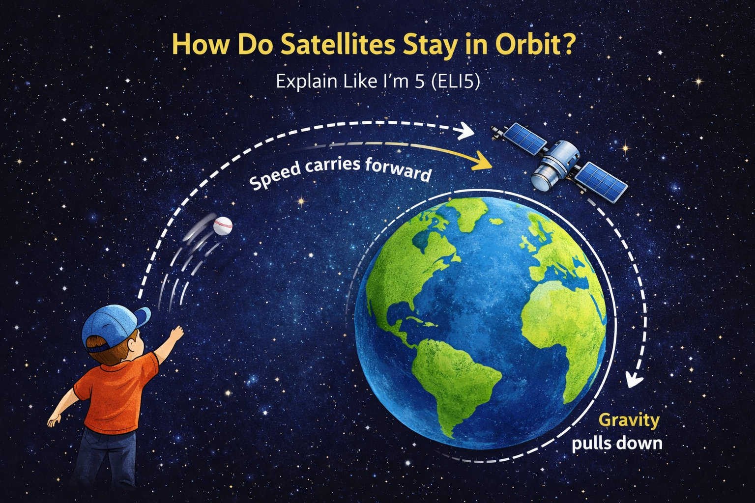 Illustration showing why satellites stay in orbit around Earth