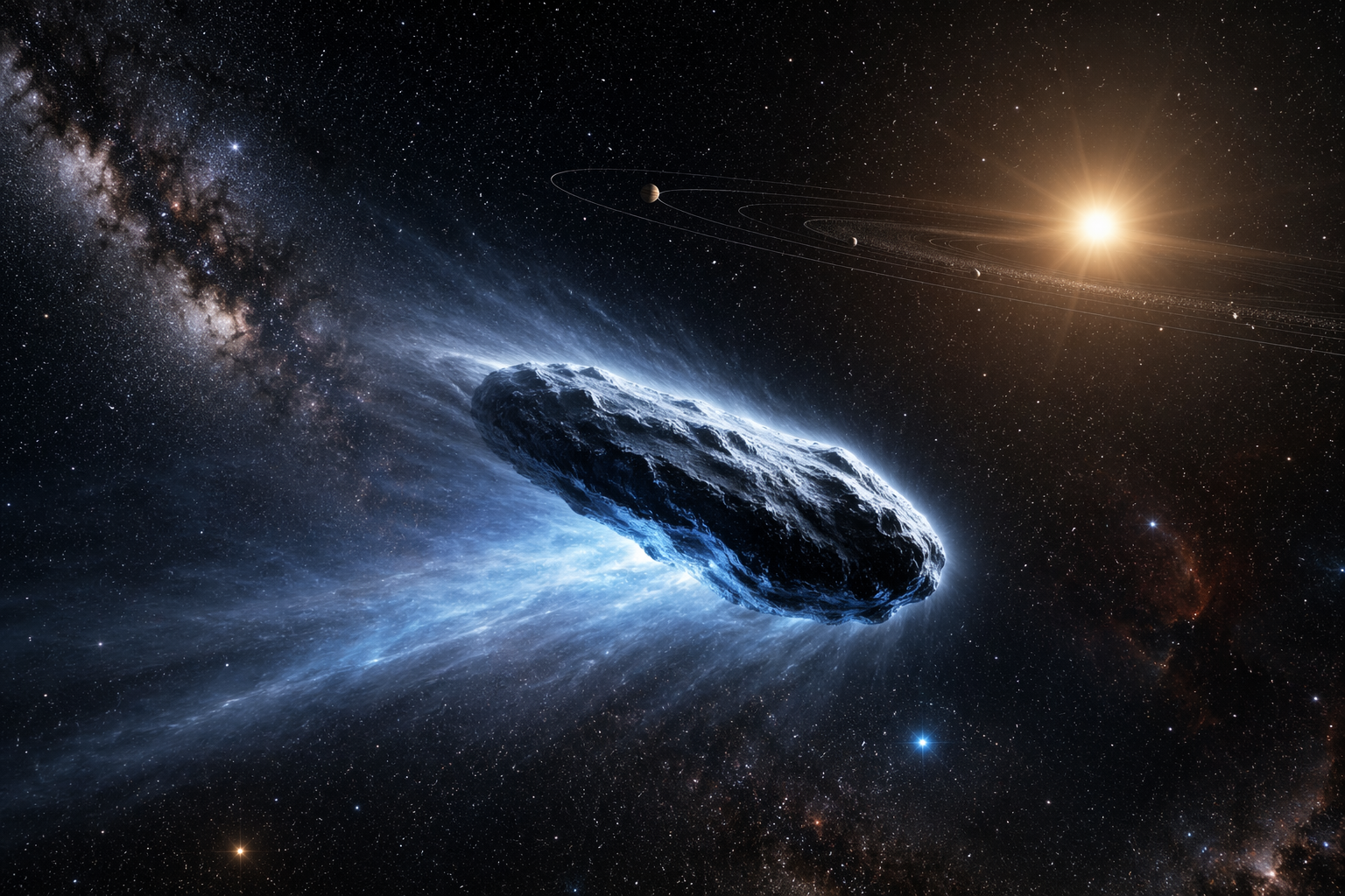 Editorial illustration of an interstellar comet crossing deep space