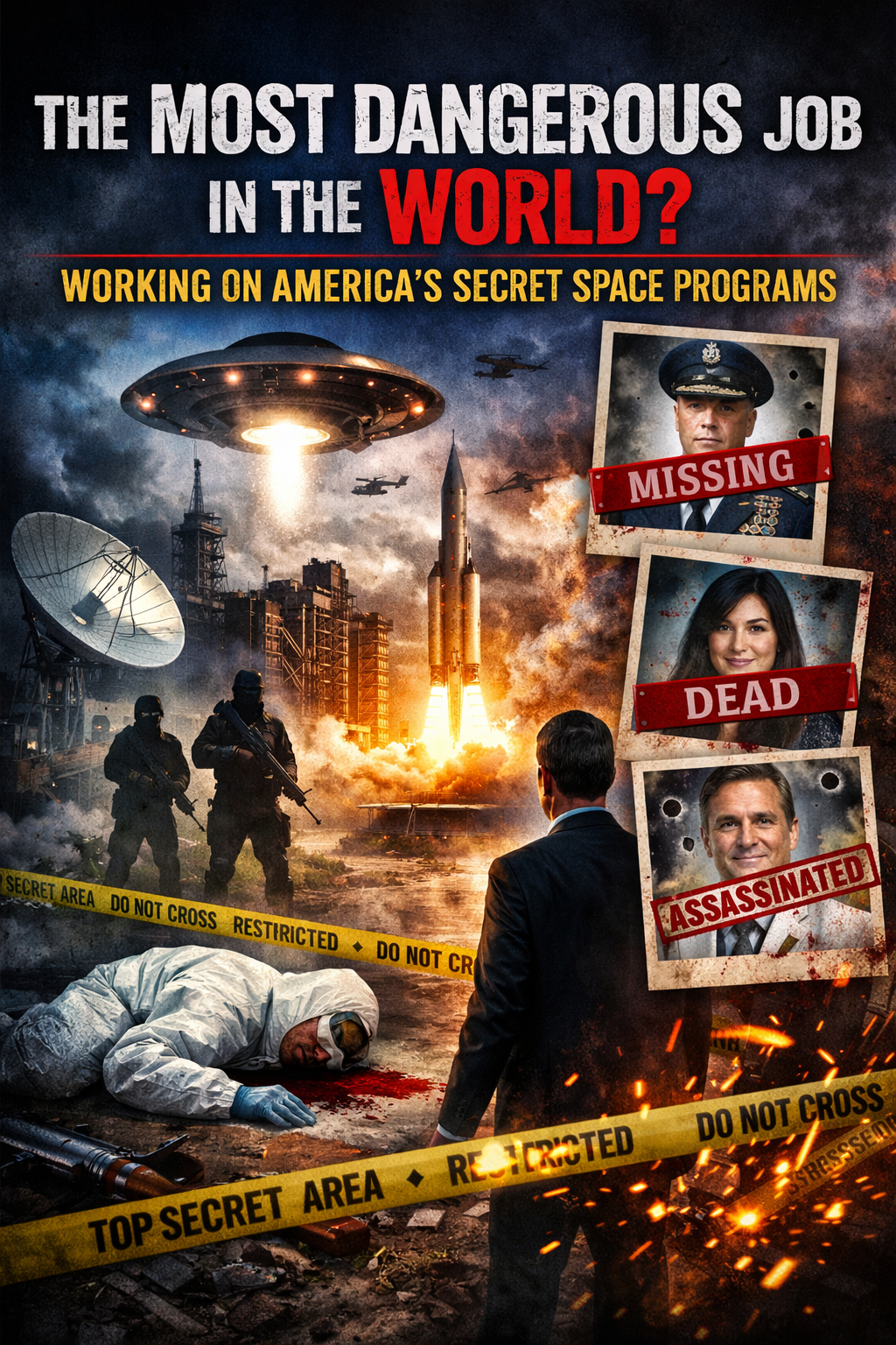 Editorial illustration of classified aerospace documents, missing-person notices, and a night sky above a secure facility
