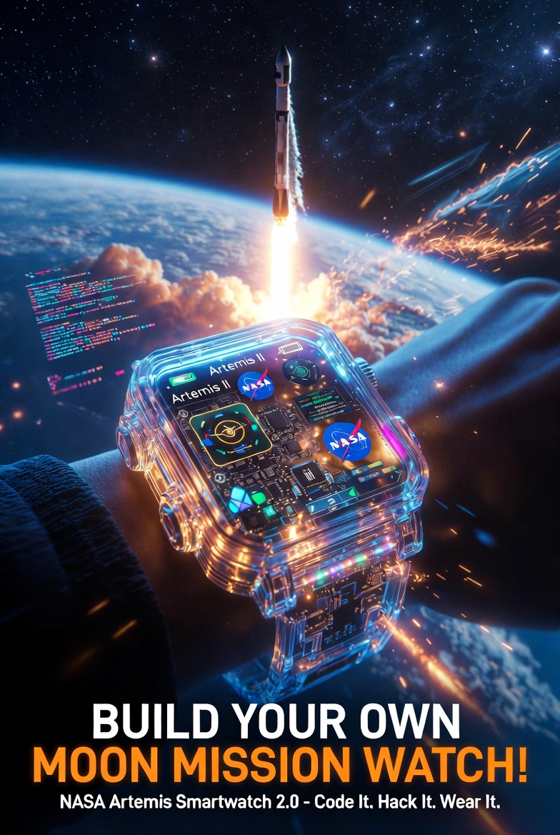 Editorial illustration of a programmable NASA-themed smartwatch beside the Moon