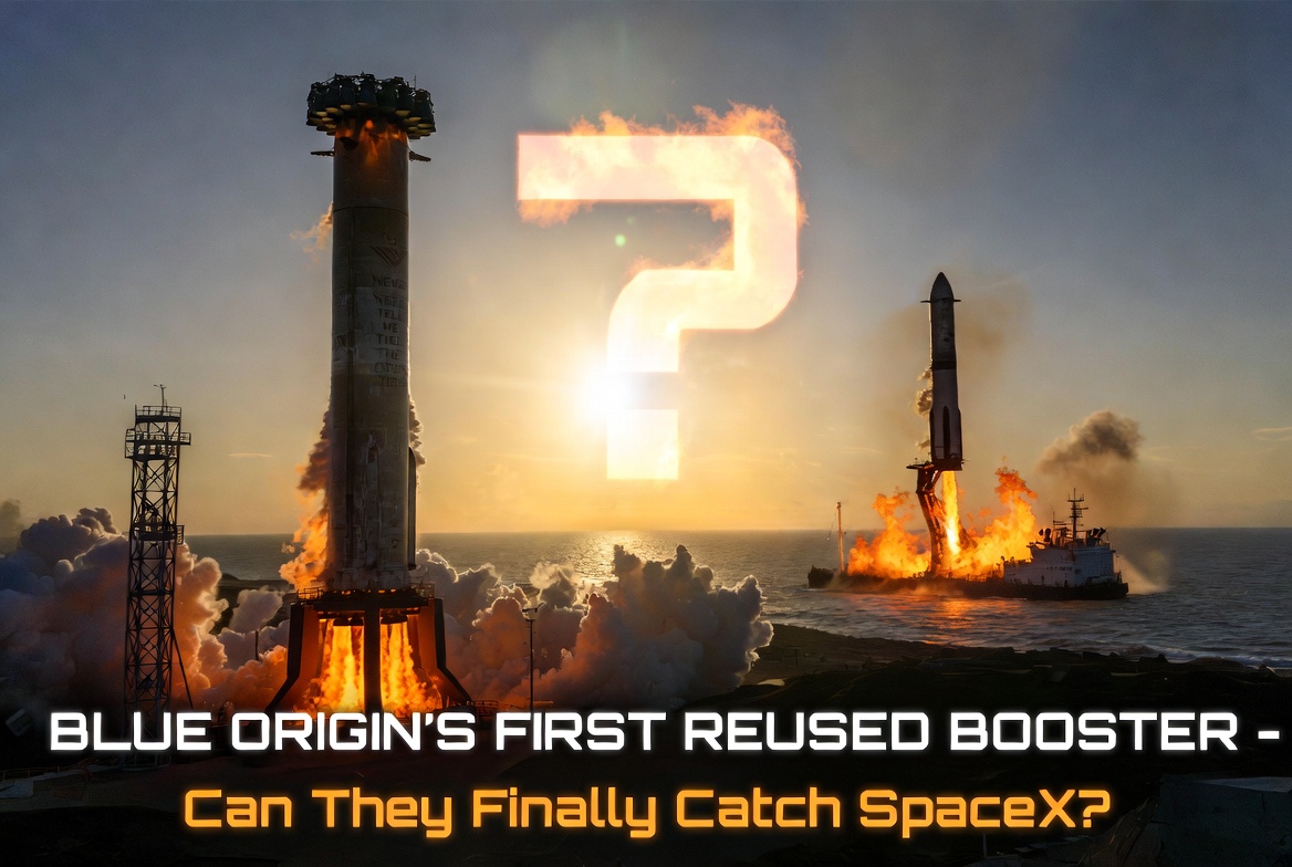 Editorial illustration of a recovered heavy-lift booster preparing for reflight near the ocean