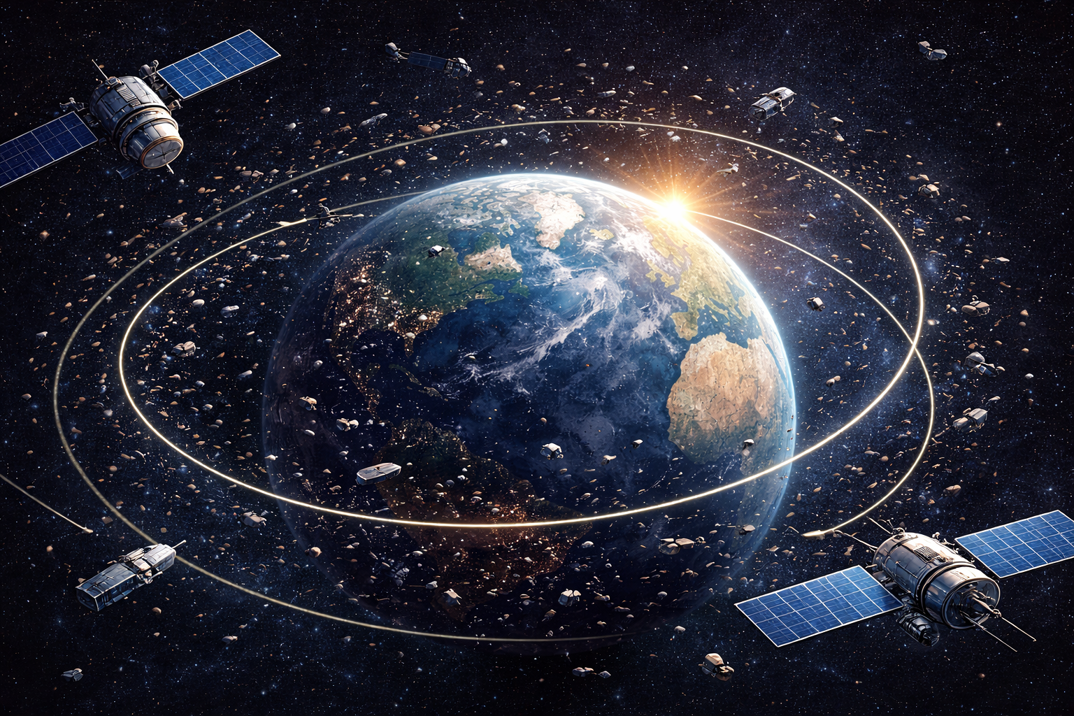 Illustration of satellites, debris fragments, and orbital paths circling Earth in increasingly crowded low Earth orbit.