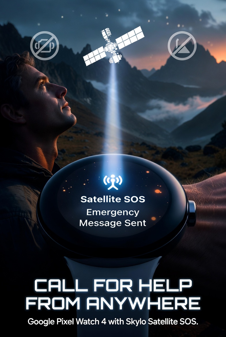 Editorial illustration of a smartwatch connecting to a satellite above a remote mountain landscape