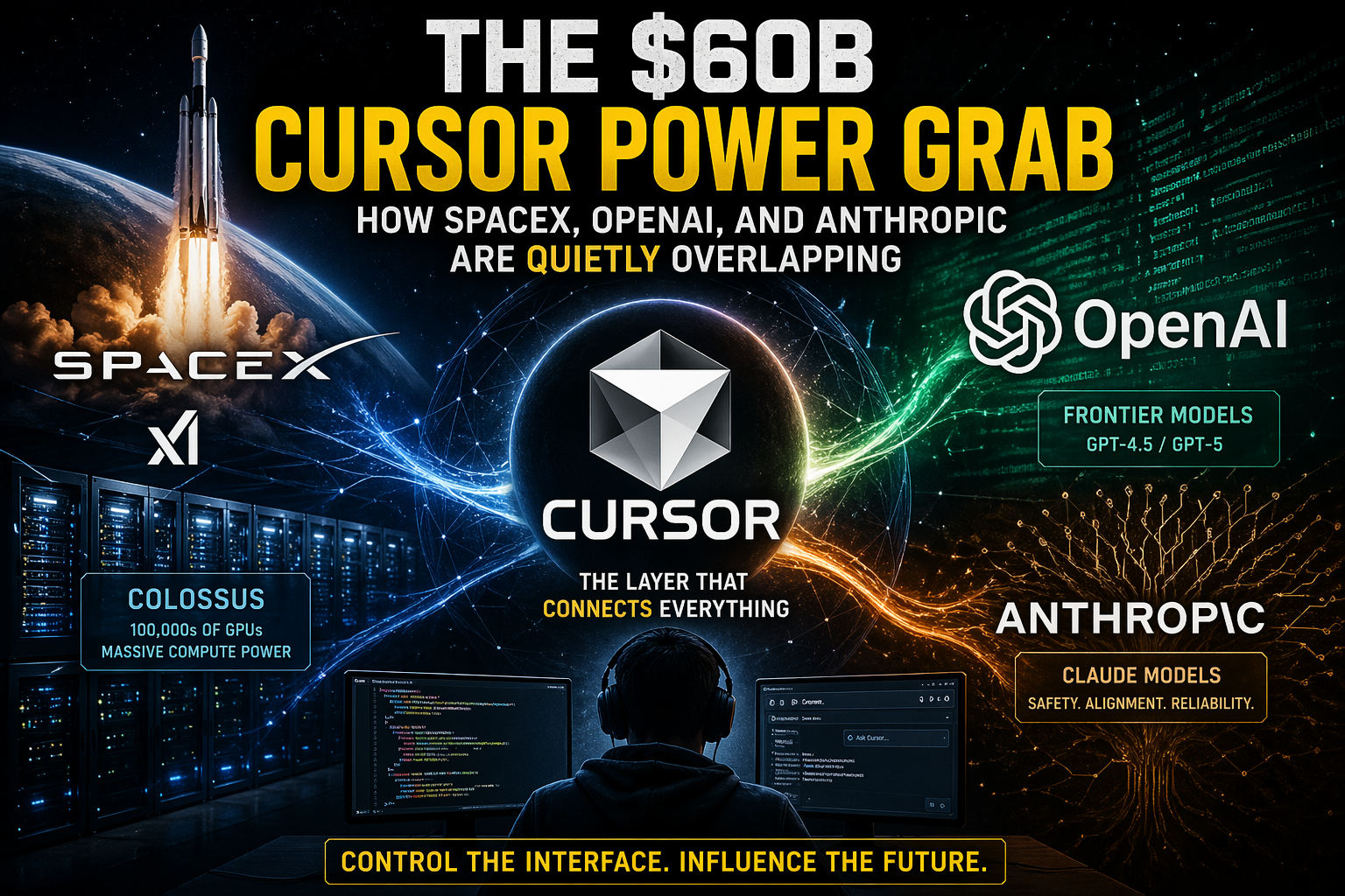 Editorial illustration of Cursor connecting SpaceX, OpenAI, and Anthropic across a glowing AI network