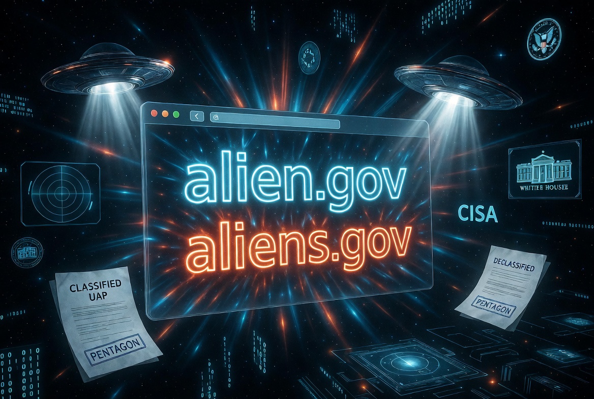 Editorial illustration of alien.gov and aliens.gov glowing on a browser screen amid UAP files, federal seals, and a dark star field