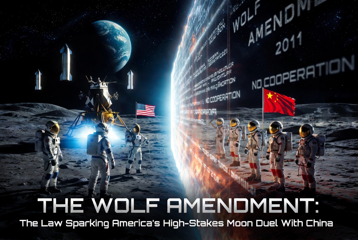 Illustration of the Moon framed by U.S. and Chinese mission architecture
